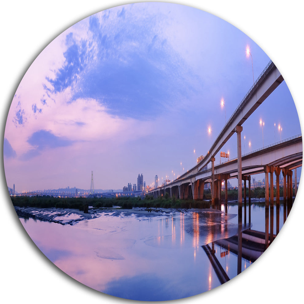 Purple Beach With Pier, Seashore Photography Round Wall Art, 11"