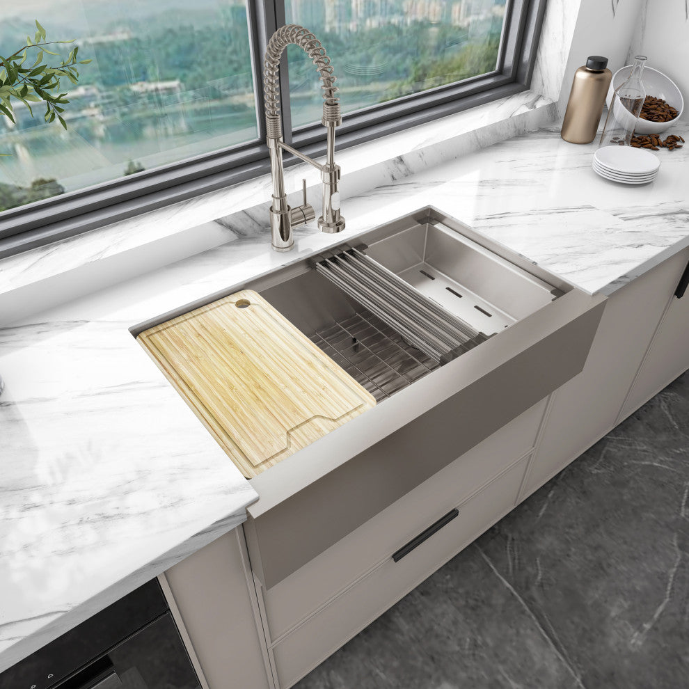 Sinber Single Bowl Kitchen Sink with 304 Stainless Steel Satin Finish, 33"x20" Workstation, Apron/Farmhouse