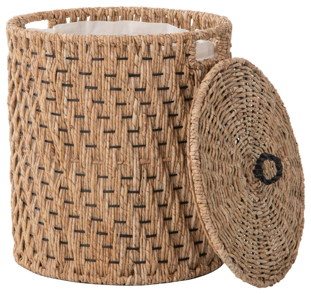 Round Lidded Vertical Weave Seagrass Laundry and Storage Basket With Liner