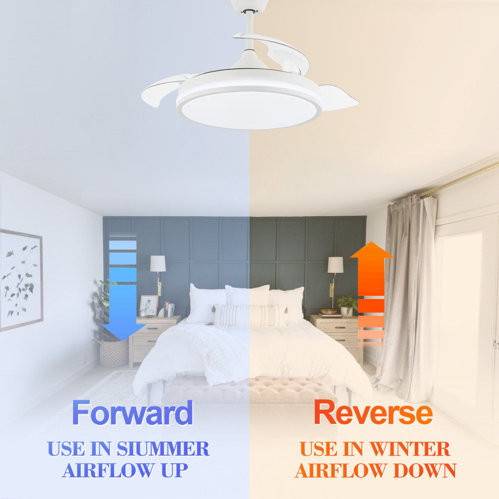 36W Reversible Ceiling Fan with Retractable Blades and Remote Control, White