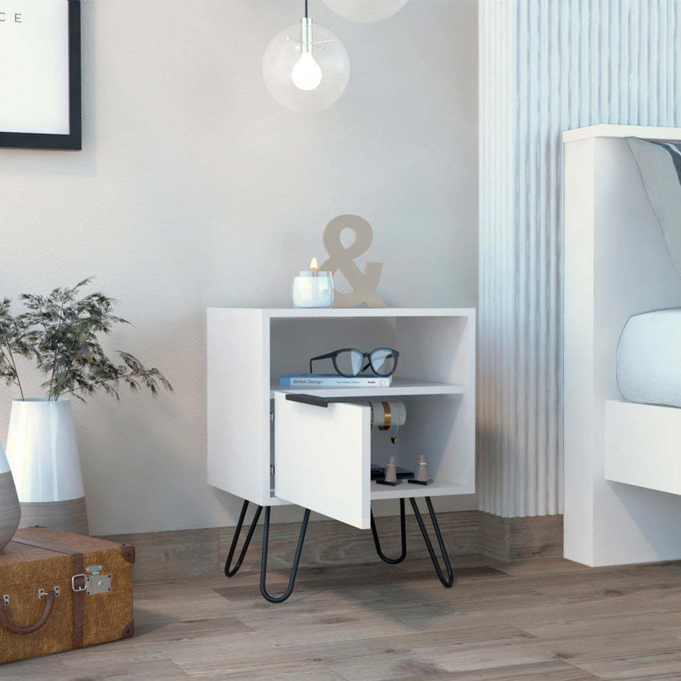 Vienna Modern Bedroom Nightstand with Cabinet and Hairpin Legs, White