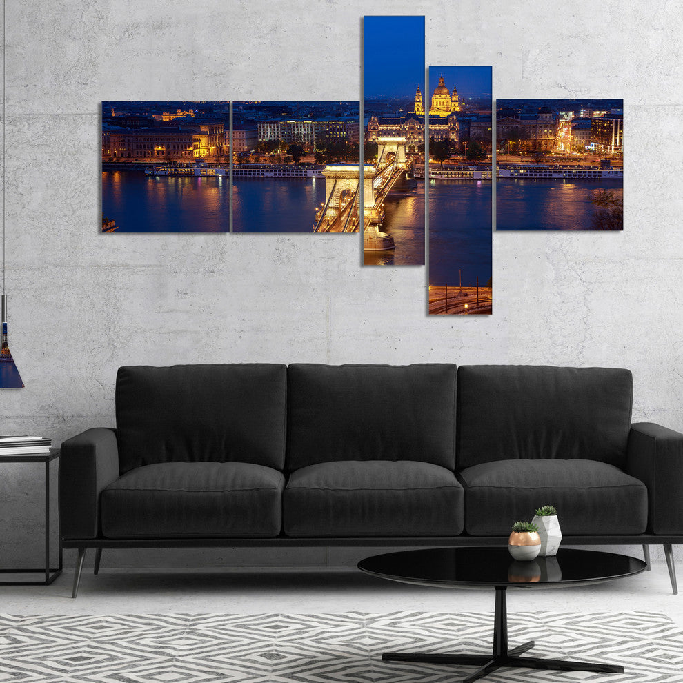 Illuminated Cain Bridge Budapest, Cityscape Canvas Art Print, 60"x32", 5 panels