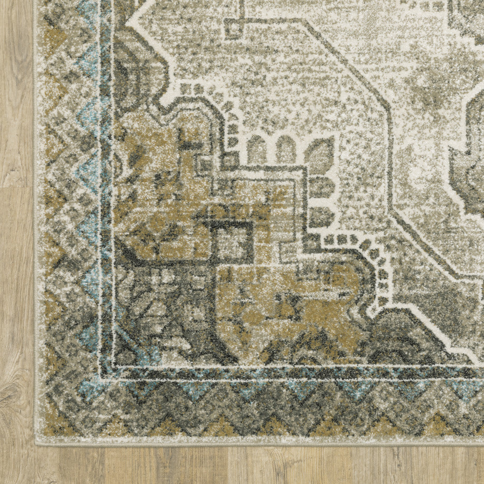 Vander Traditional Jewel Drop Gray/Blue Power-Loomed Area Rug, 7'10"x10'