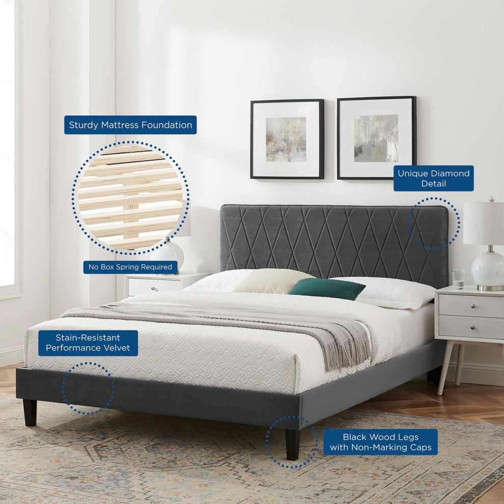 Platform Bed Frame, King Size, Velvet, Dark Gray, Modern Contemporary