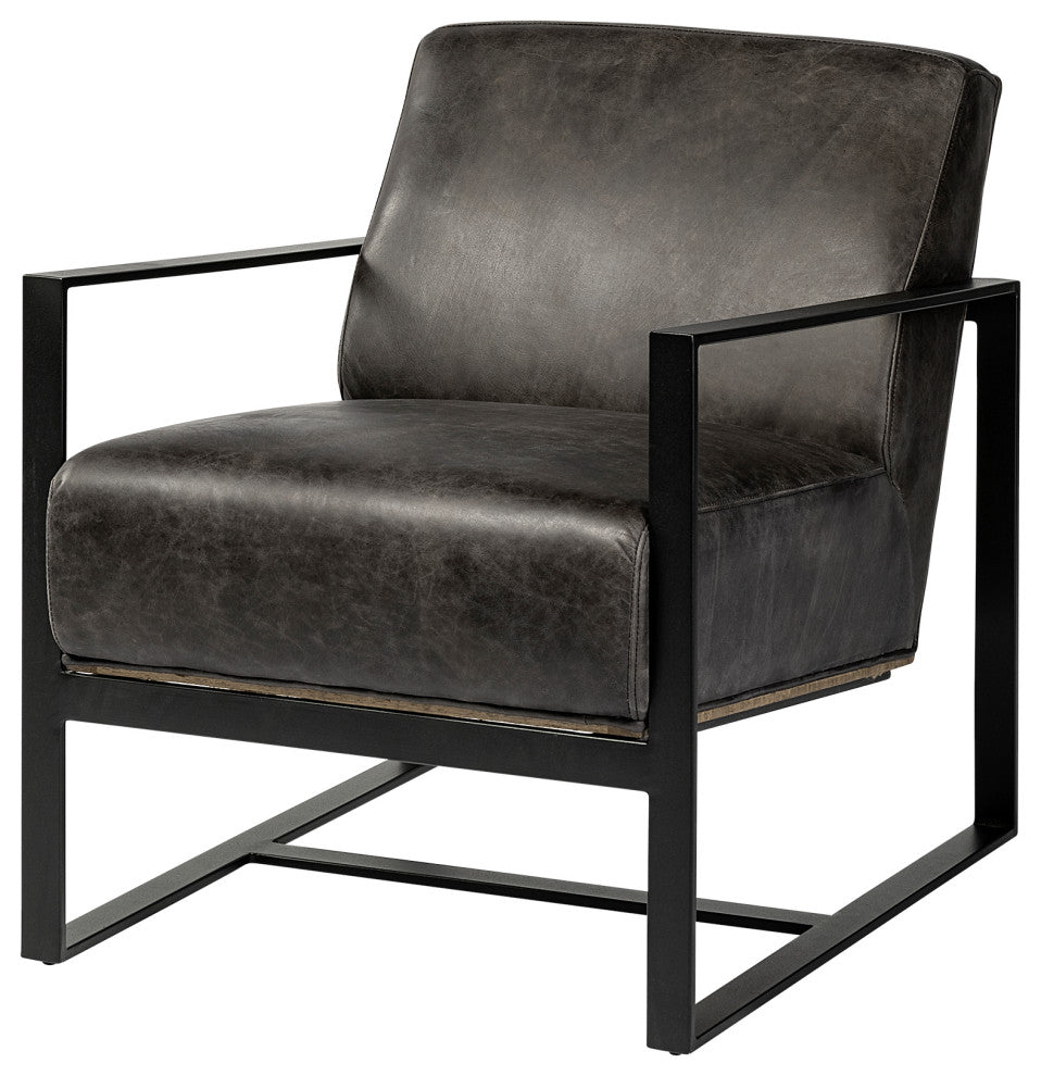 Stamford Black Genuine Leather Seat w/ Wood Back, Metal Frame Accent Chair