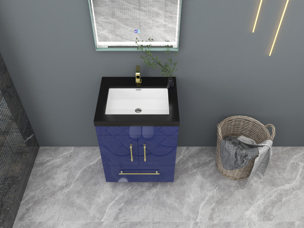Rosa 24" Free Standing Modern Vanity, High Gloss Night Blue, Matt Black Top