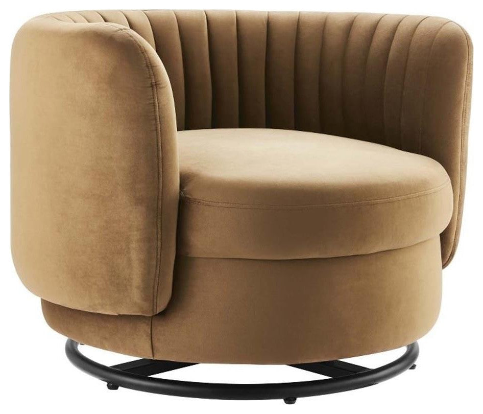 Embrace Tufted Performance Velvet Performance Velvet Swivel Chair, Black Cognac