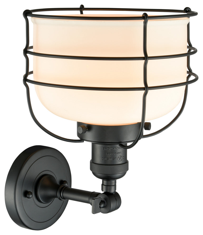 1-Light Large Bell Cage 8" Sconce, Matte Black, Glass: Matte White Cased