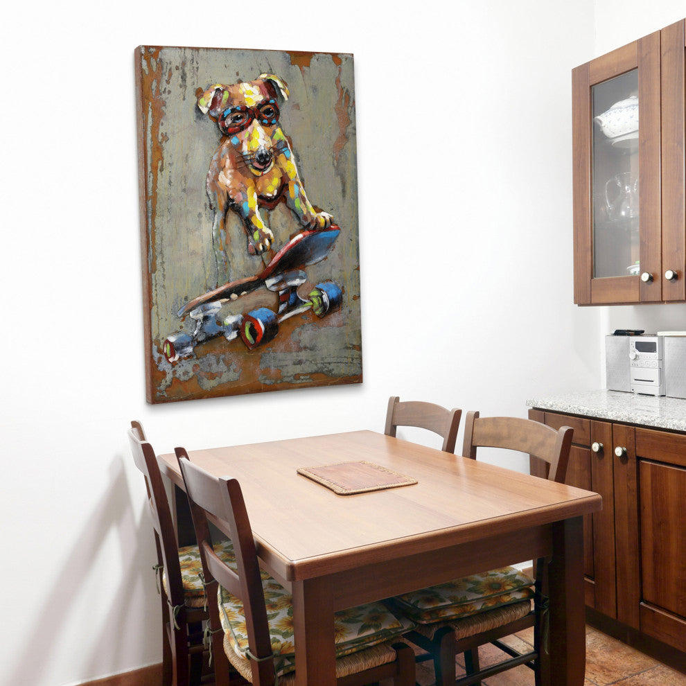 "Dog on Skateboard" Mixed Media Iron Hand Painted Dimensional Wall Art
