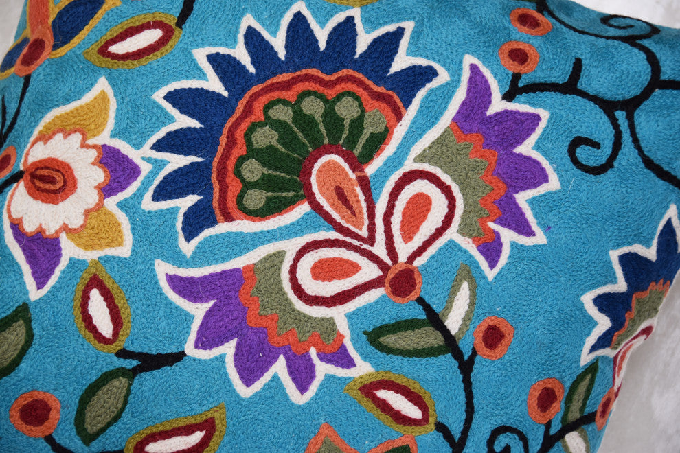 Turquoise Floral Pillow Cover Hand Embroidered Modern Design Wool 18x18