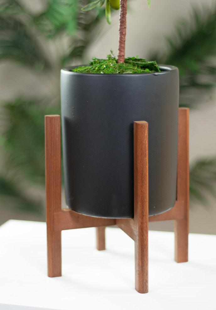 Small Ceramic Pot Cylinder Pot 6"Black With Wood Plant Stand Walnut Color