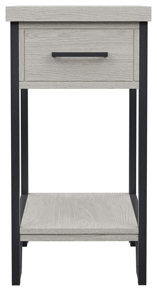 Rustic Side Table, Metal Frame With MDF Drawer & Open Lower Shelf, Antique White