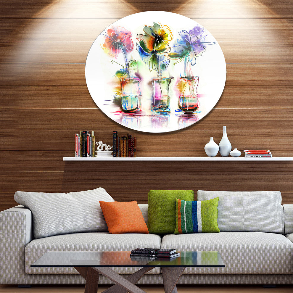 Abstract Flowers In Glass Vases, Floral Disc Metal Artwork, 11"