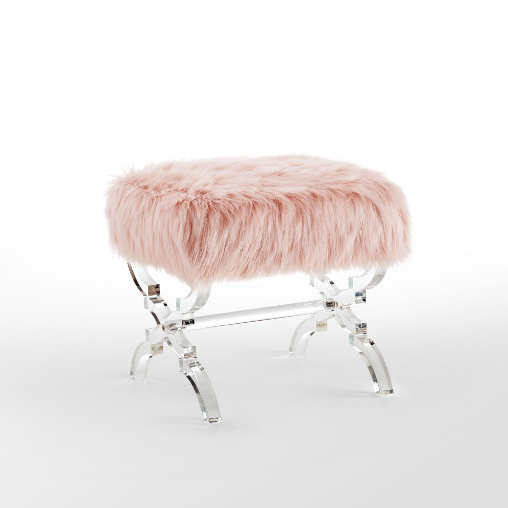 Enzo Faux Fur Acrylic X-Leg Ottoman, Rose