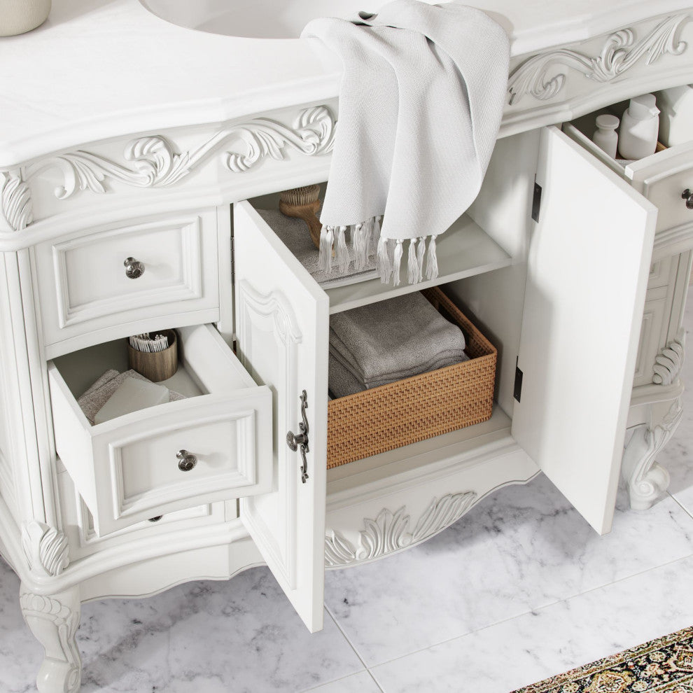 Antique White Traditional Style Single Sink Beckham Bathroom Vanity, White, 42", Single Sink, Freestanding