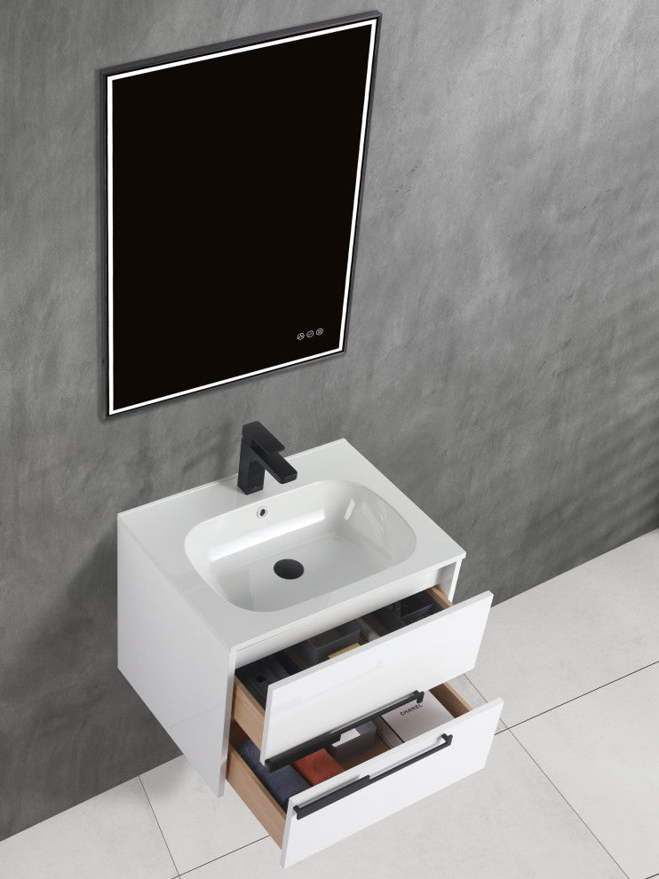 Brest Floating Bath Vanity with Sink, Wall Mounted Vanity and Sink, Glossy White, 24''