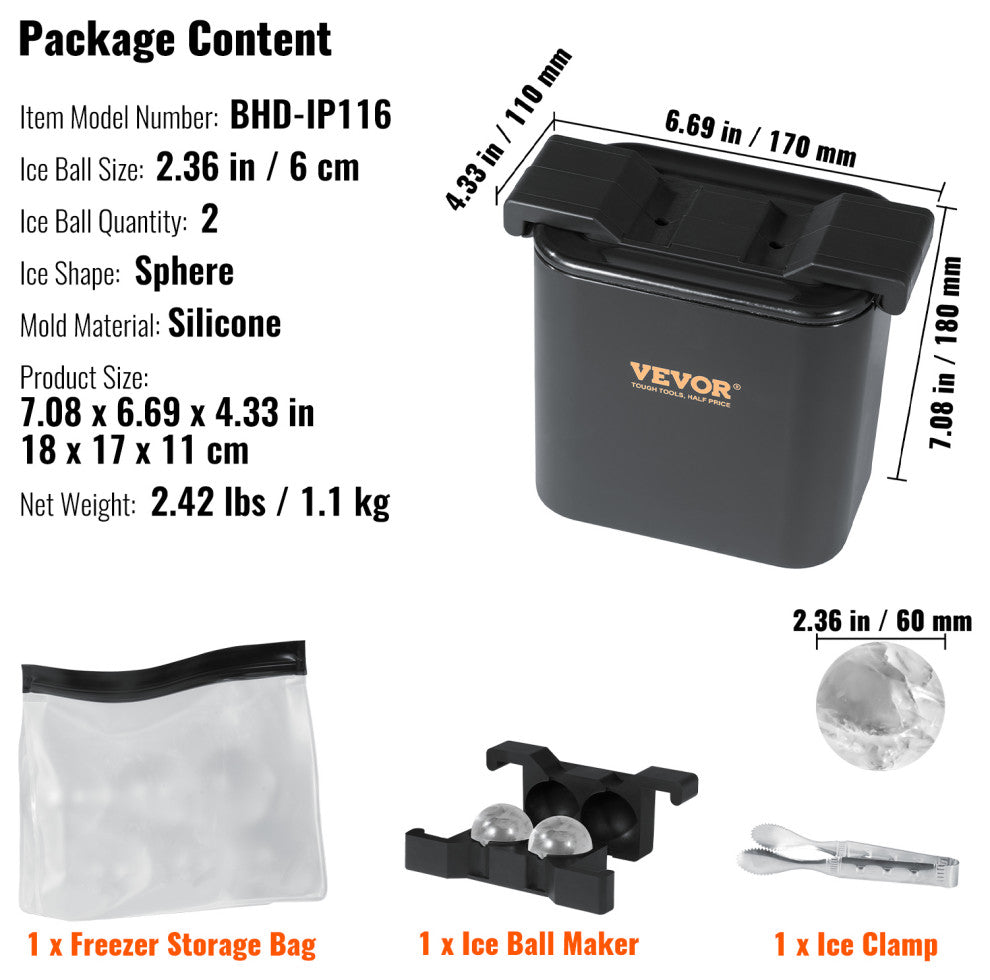 VEVOR Ice Ball Maker Black Round Silicon Ice Cube Ball Maker Tray 2 Large Sphere
