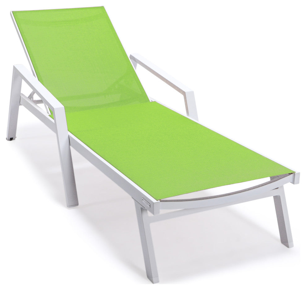 LeisureMod Marlin Chaise Lounge Set With Arms and Fire Pit Table, Green