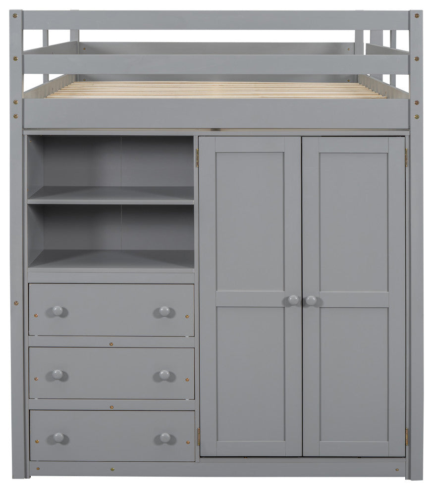 Gewnee Wood Full Size Loft Bed with Built-in Wardrobe