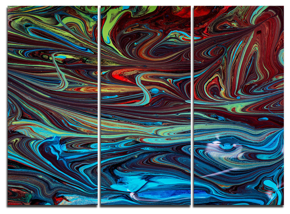 "Red Blue Abstract Acrylic Paint Mix" Art on Canvas, 3 Panels, 36"x28"