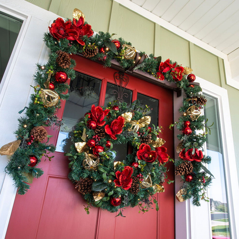 9' Artificial Christmas Garland With Lights Red Magnolia