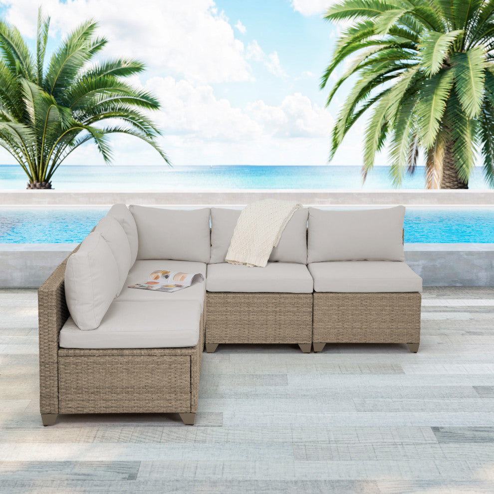 Maui 5-Piece Outdoor Modular Conversation Set, Natural Aged Wicker, Hazel