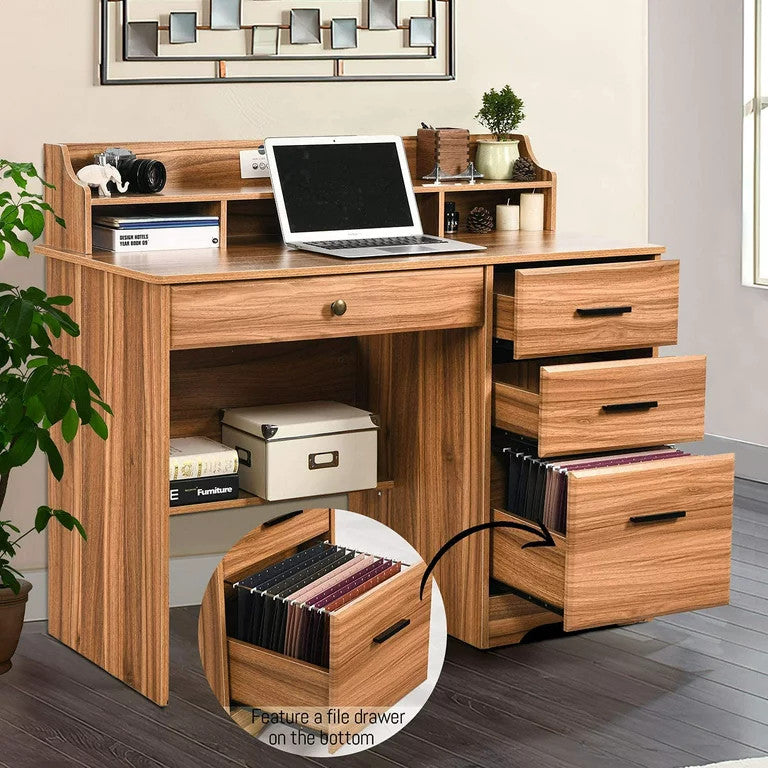 Traditional Desk, Hardwood Frame With Storage Drawers & Open Comparments, Brown
