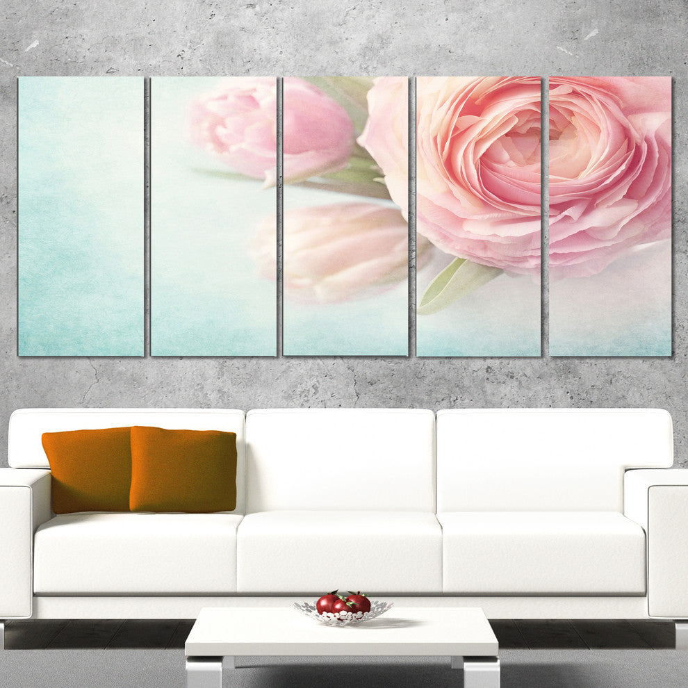 Pink Flowers against Blue Background, Floral Canvas Print, 60"x28", 5 Panels