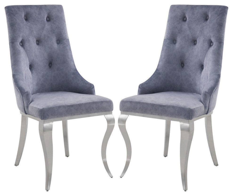 Benzara BM250221 S/2 Side Chair With Button Tufting & Metal Legs, Gray/Silver