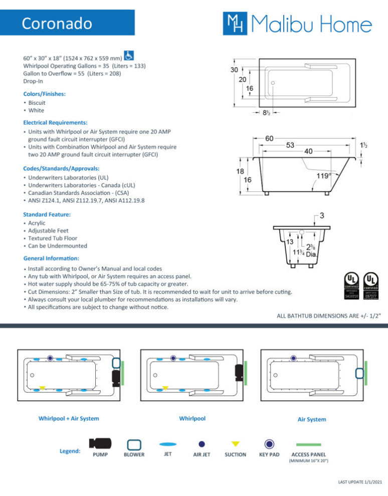 Malibu Coronado ADA Rectangle Combo Whirlpool and Air Bathtub 60x30x18 White