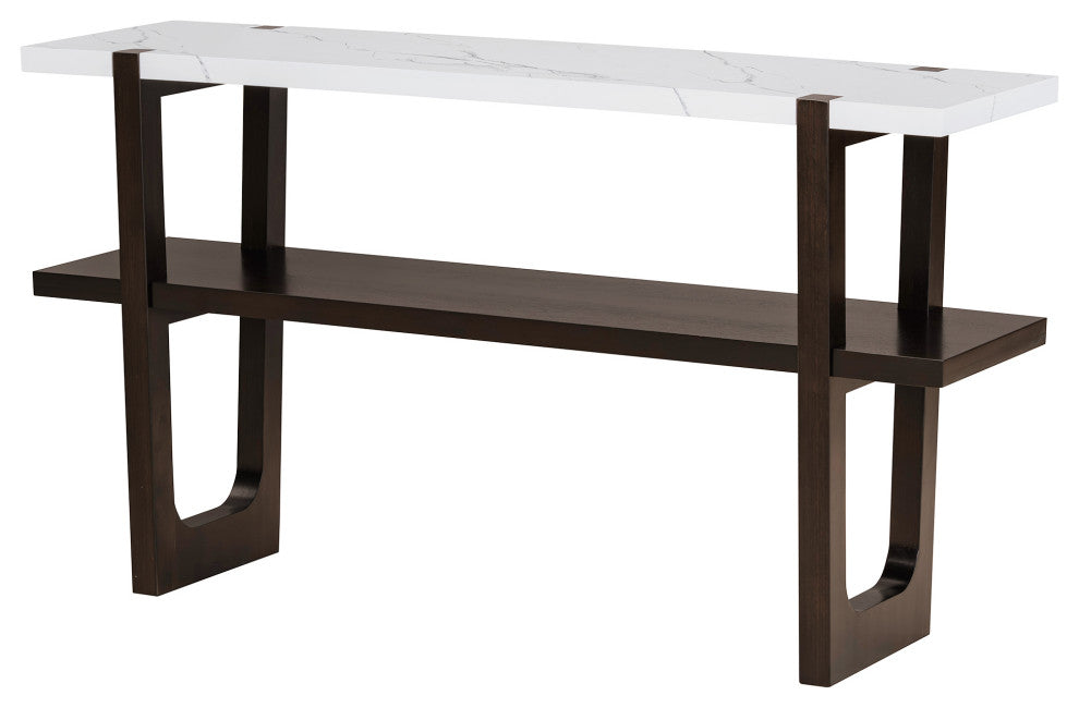 TATEUS Narrow Console Table with Marble-Effect Top for Entryway and Living Room, Espresso