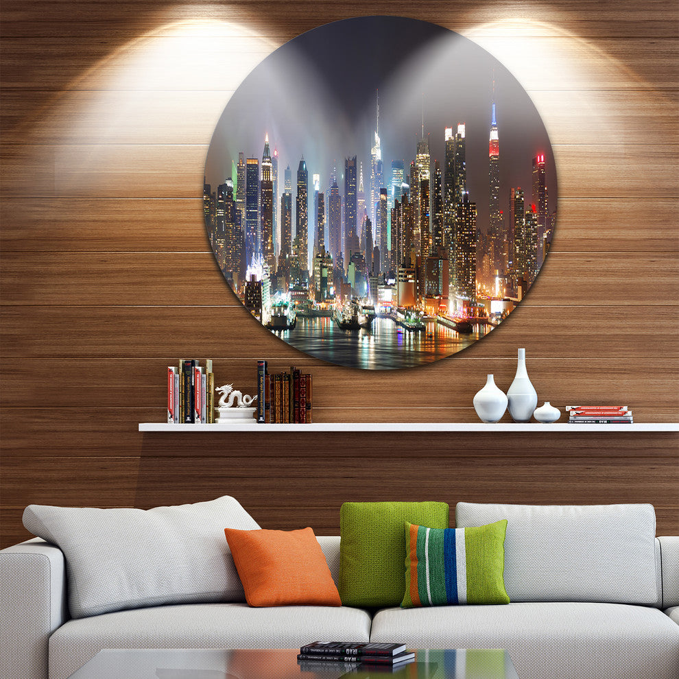 Lit Nyc Manhattan Skyline, Cityscape Photo Round Wall Art, 11"