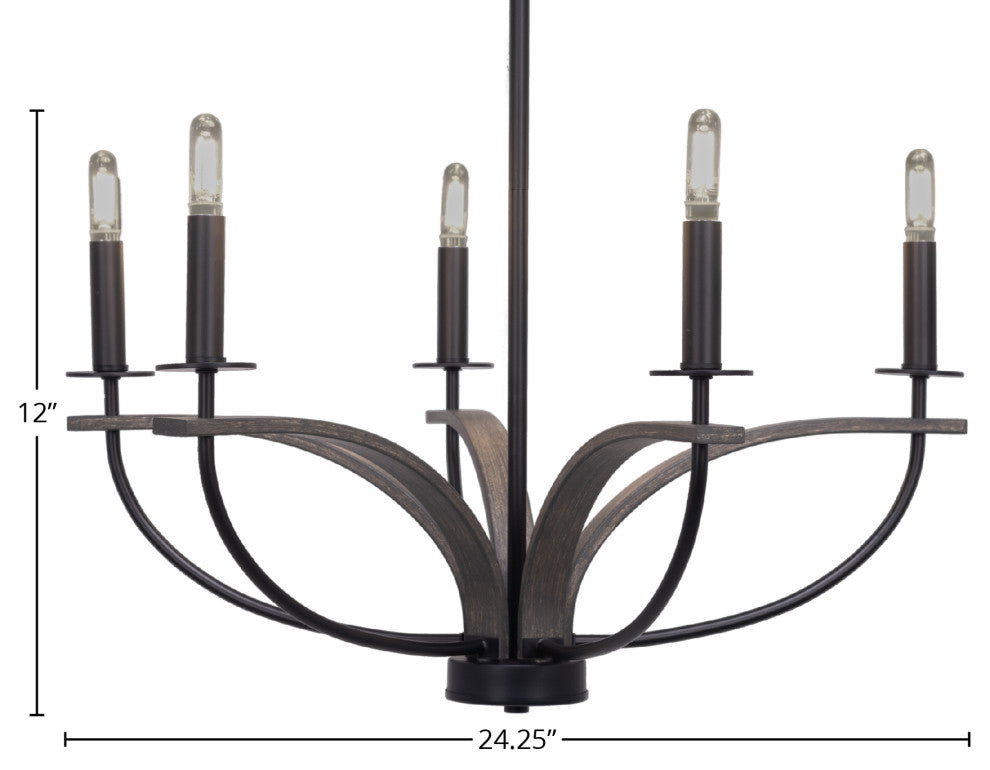 Monterey 5-Light Chandelier, Matte Black & Painted Distressed Wood-look