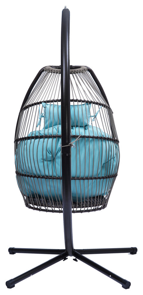 Outdoor Patio Wicker Folding Swing Chair Hanging With Bracket and Cushion Pillow