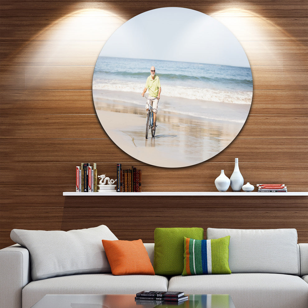 Smiling Senior Man Riding Bike, Landscape Disc Metal Wall Art, 38"