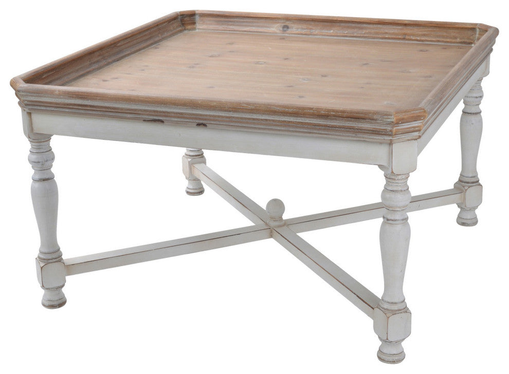 Benzara BM285220 33" Coffee Table, Tray Top, Rustic Fir Wood, Antique White