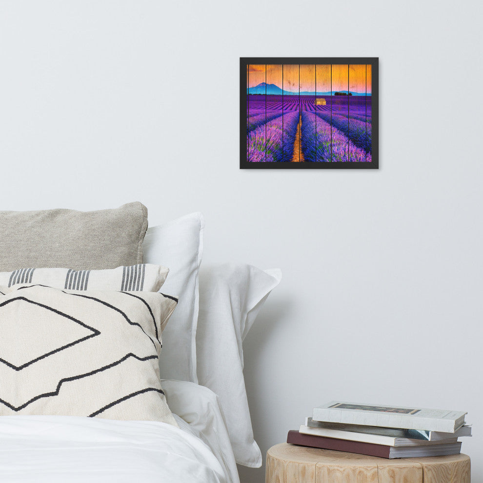 Faux Wood Lavender Fields and Sunset Landscape Framed Photo Paper Wall Art Print, Black, 11" X 14"