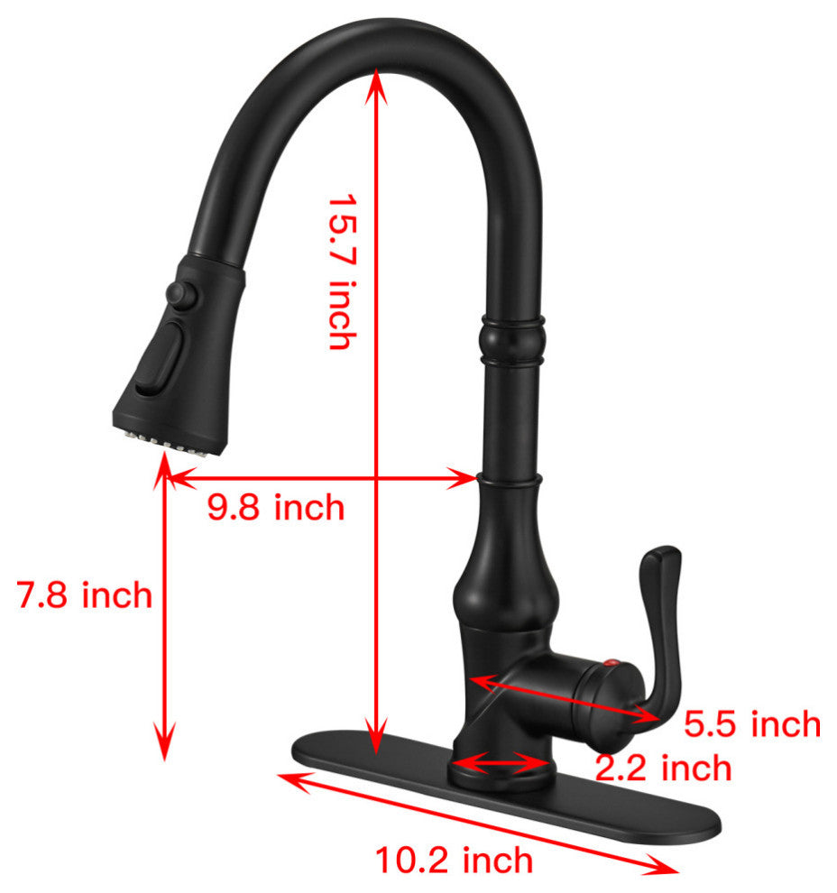 Wellfor Single Level Stainless Steel Kitchen Faucet With Pull Down Spray, Matte Black