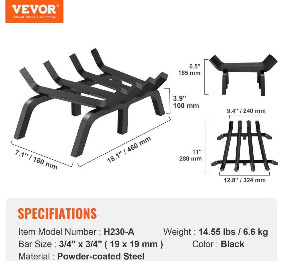 Vevor Fireplace Log Grate Powder-coated Steel Wood Burning Rack Holder