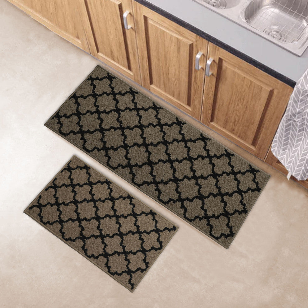 Wool Effect Arabesque, Tan/Black, Kitchen Runner Rug