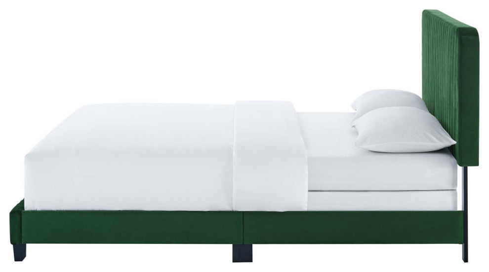 Tufted Platform Bed Frame, Full Size, Velvet, Green, Modern Contemporary