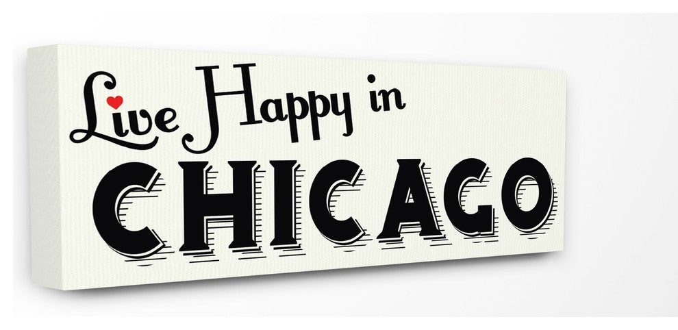Live Happy In Chicago Red Heart Typography Stretched Canvas Wall Art, 10"x24"