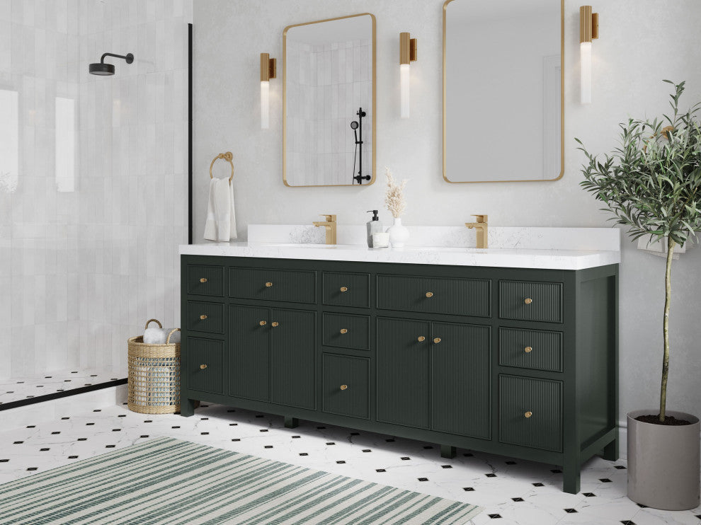 Sonoma 84 Double Sink Reeded Bath Vanity in Dark Forest Green 2" Empira White