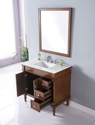 36" Single Bathroom Vanity, Walnut With Ivory White Engineered Marble