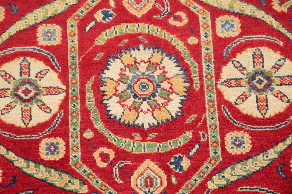 Traditional Wool Hand-Knotted Oriental Pakistani Kazak Area Rug, Red, 3'6"X2'8"