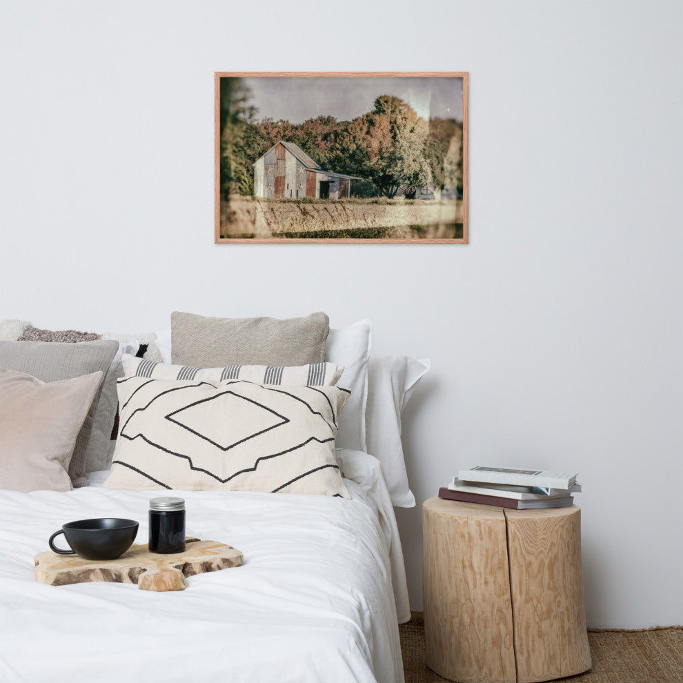 Patriotic Weathered Barn in Field Glass Plate Framed Photo Paper Wall Art Prints, Red Oak, 24" X 36"