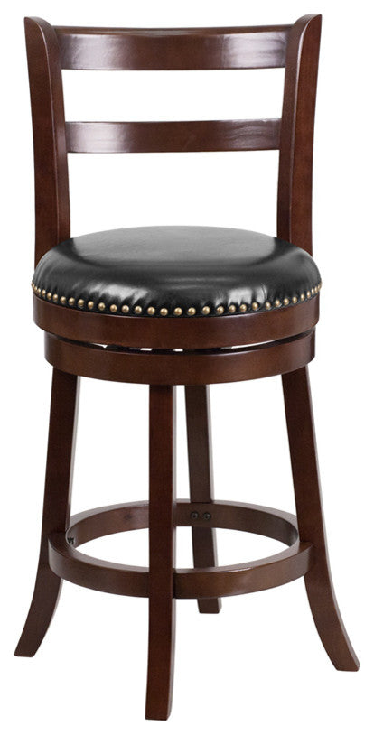 Dyersburg 26" Wood Counter Stool Cappuccino, Black Leather Swivel Seat