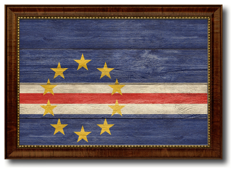 Cape Verde Country Textured Flag Print With Brown Gold Frame, 19"X27"