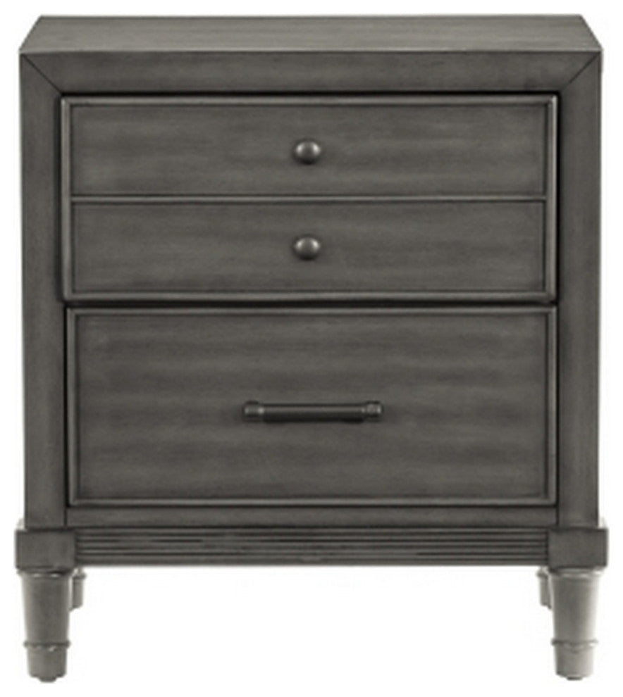 Ceila 27 Inch Classic 2 Drawer Nightstand, Round Tapered Legs, Gray Finish