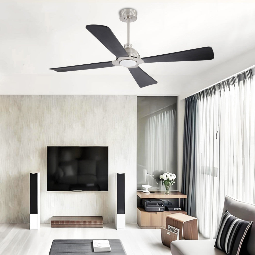 56" 4-Blade Solid Wood Ceiling Fan with LED Light and Remote Control, Brushed Nickel/Black